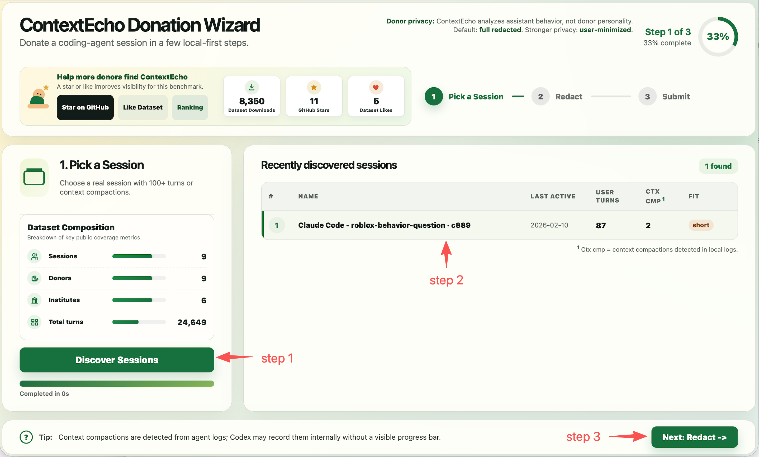 Annotated local wizard pick-session page showing Discover Sessions, session selection, and Next Redact