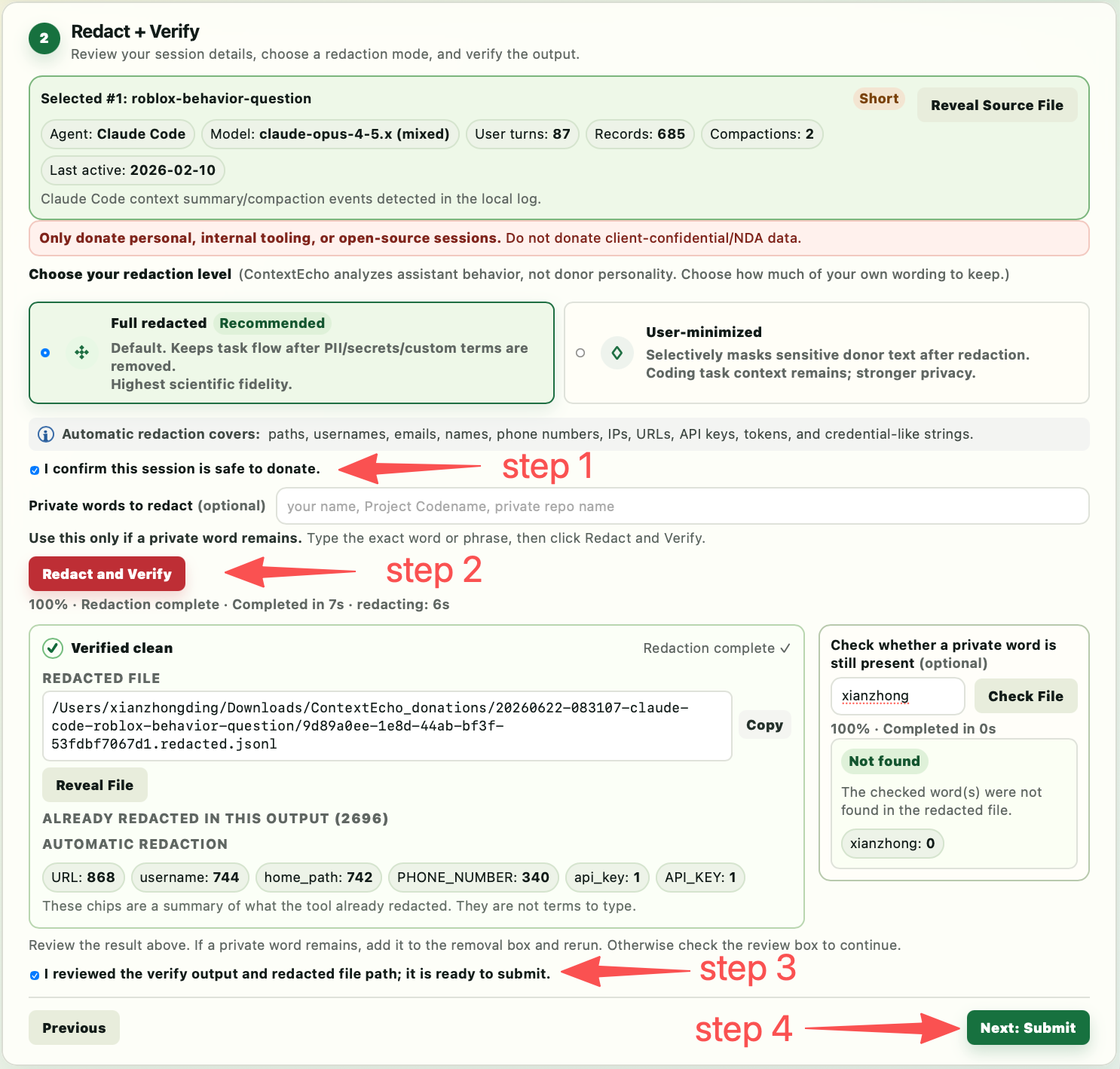 Annotated local wizard redaction page showing safety confirmation, Redact and Verify, review checkbox, and Next Submit