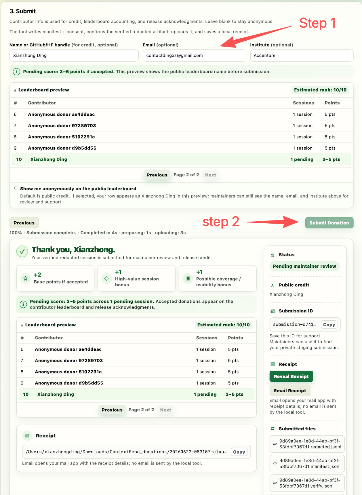 Annotated local wizard submit page showing contributor fields, Submit Donation, and success state