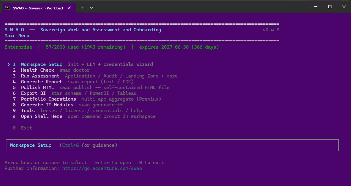 SWAO TUI main menu v0.4.8