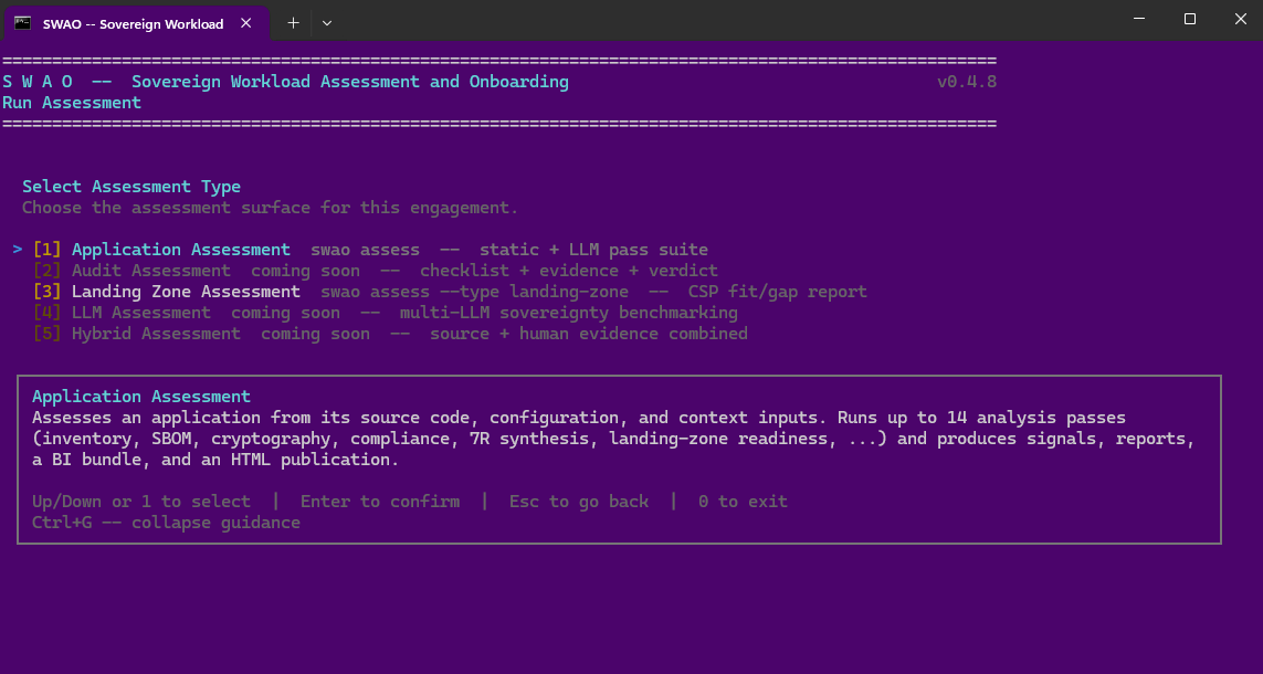 SWAO TUI assessment type selection screen